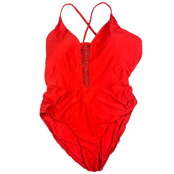 Women's Pilyq Victoria One Piece Cut Out Open Back Swimsuit in Red Coral Size M - Picture 1 of 12